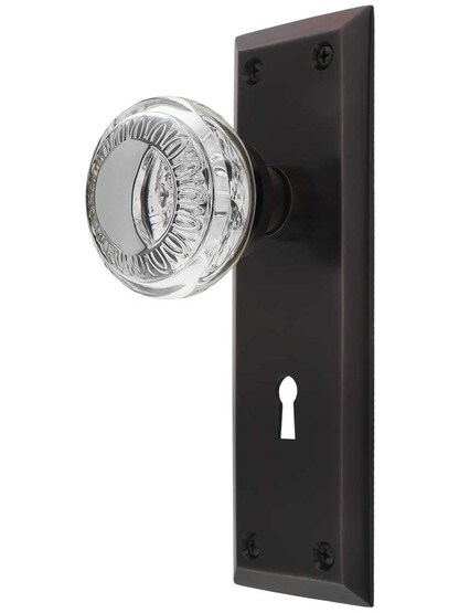 New York Mortise-Lock Set with Ovolo Crystal-Glass Knobs and Keyhole in Timeless Bronze.